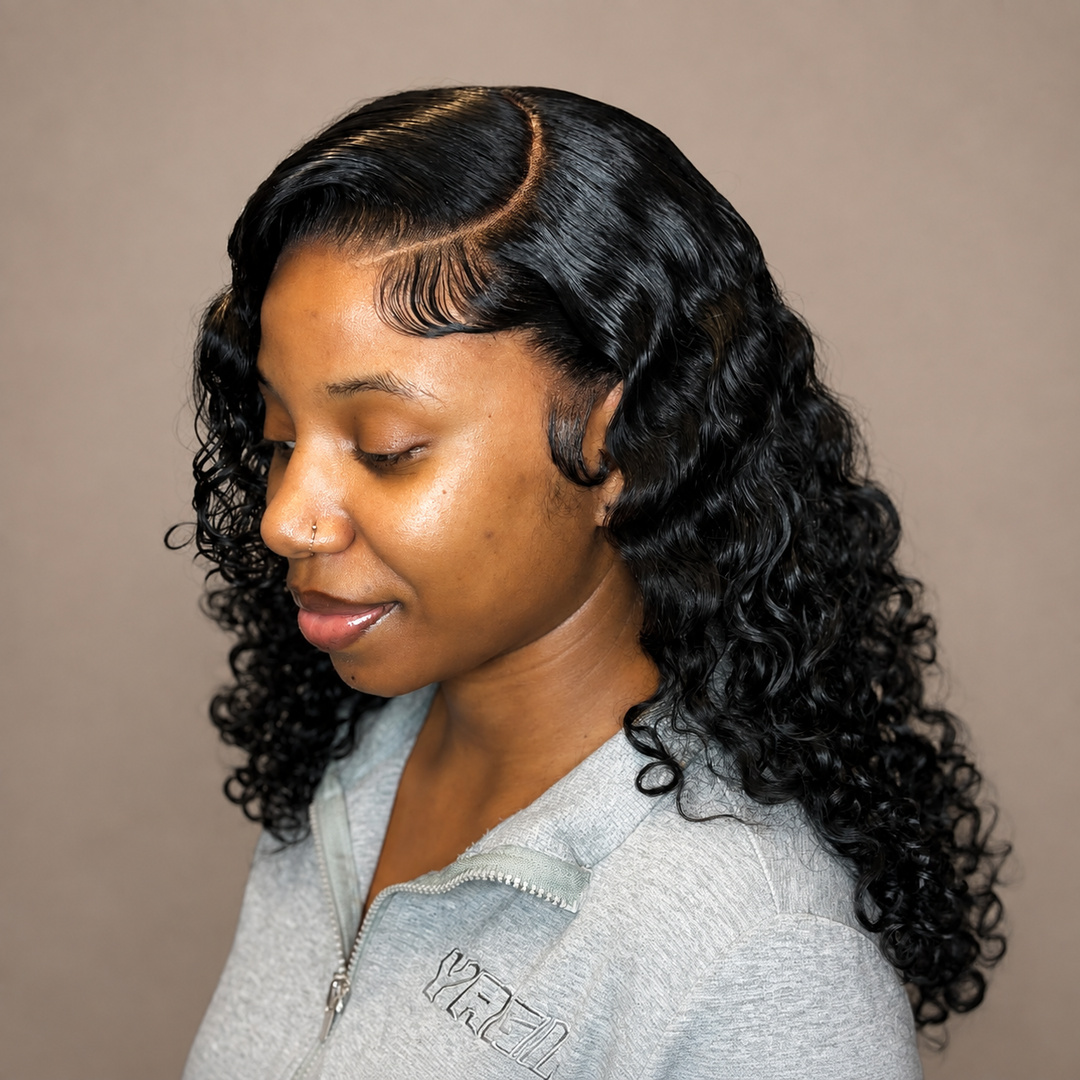 Tamed by Tan client with deep side-part curls