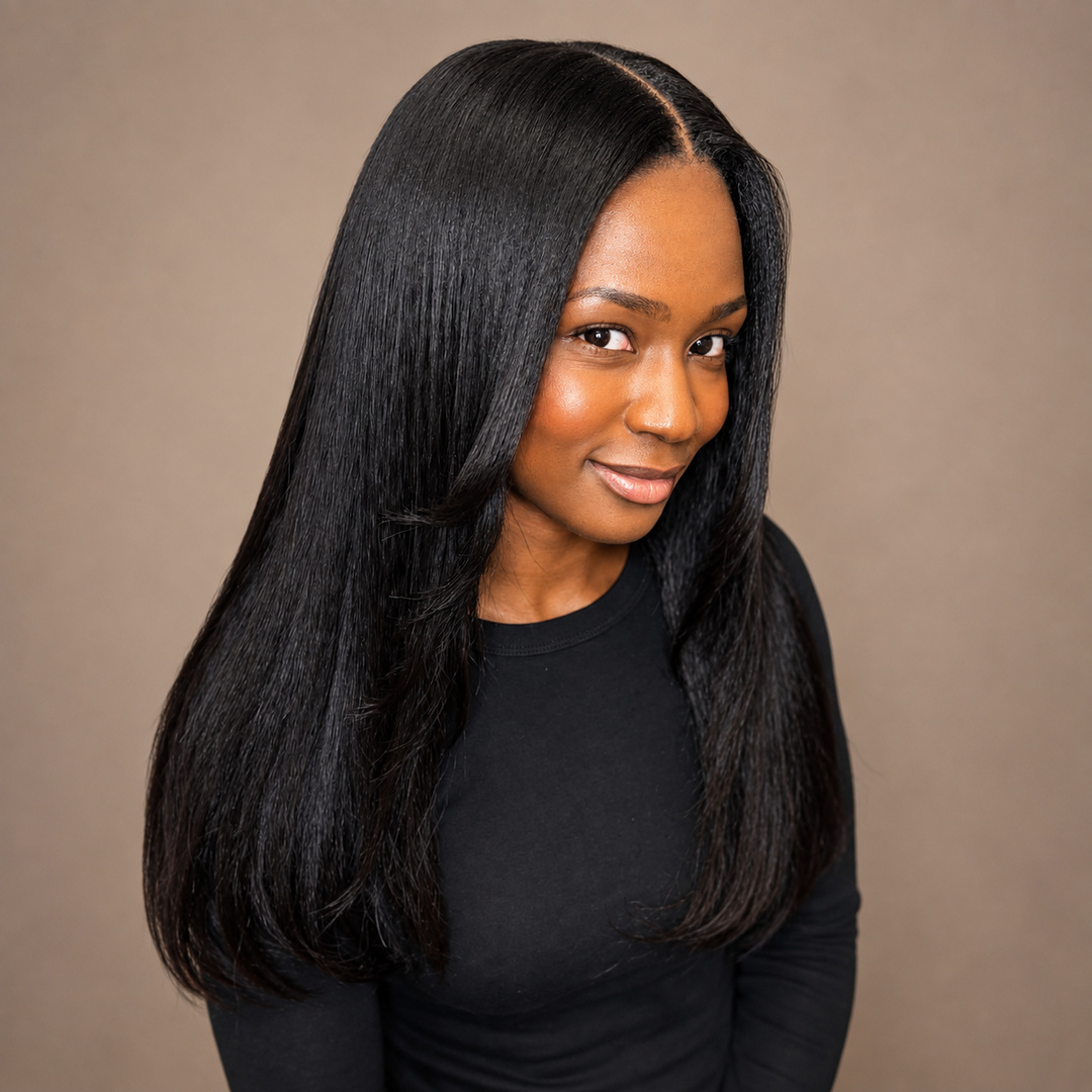 Tamed by Tan client with long straight centre-part hair
