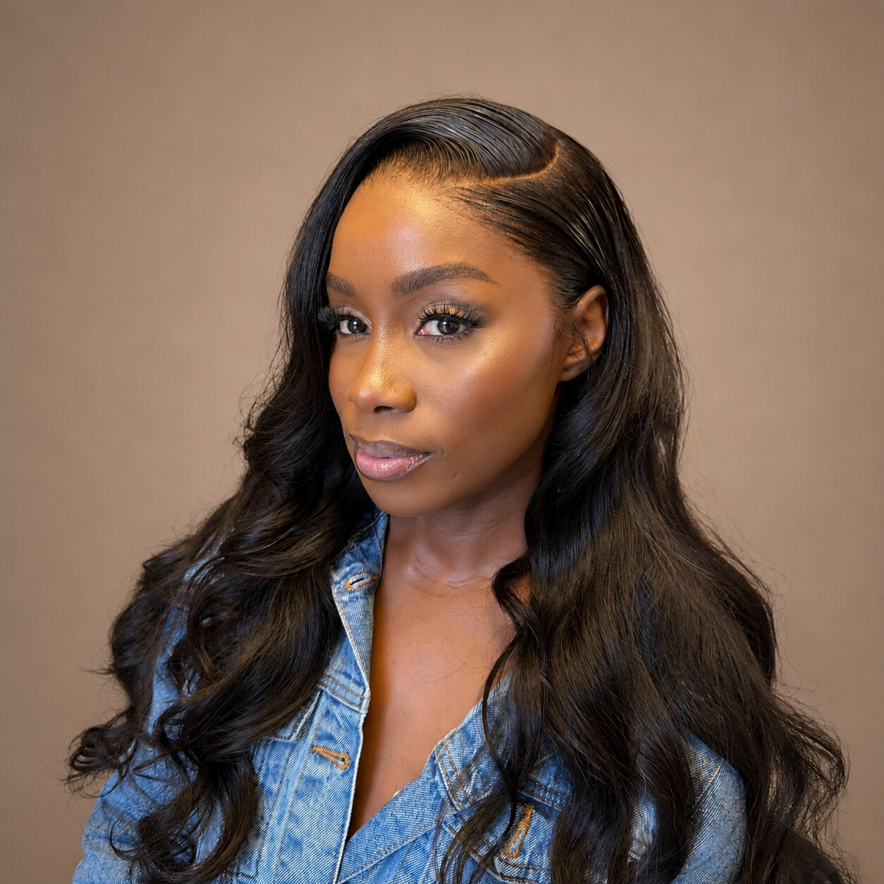 Tamed by Tan client with glossy side-part waves