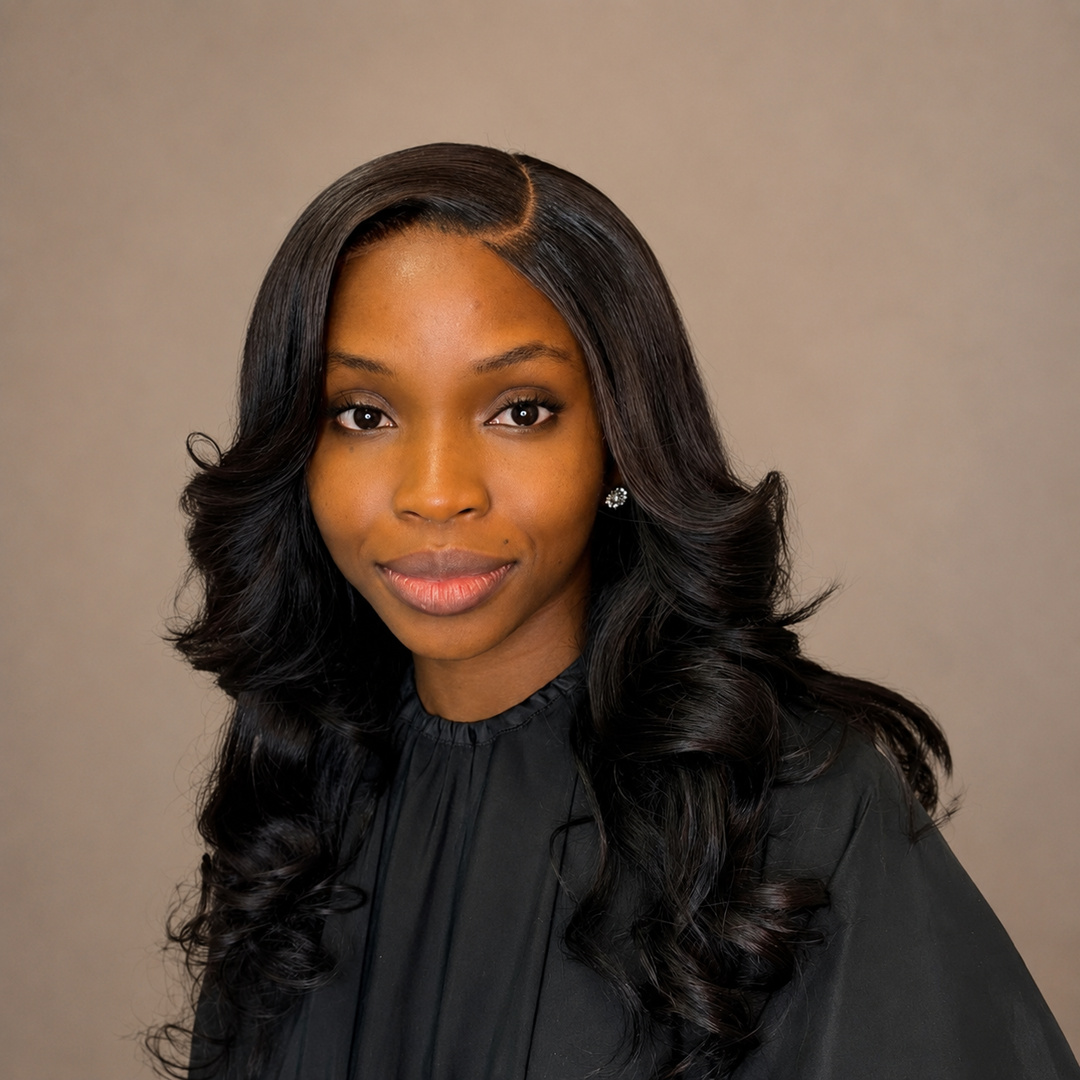 Tamed by Tan client with long side-part curls