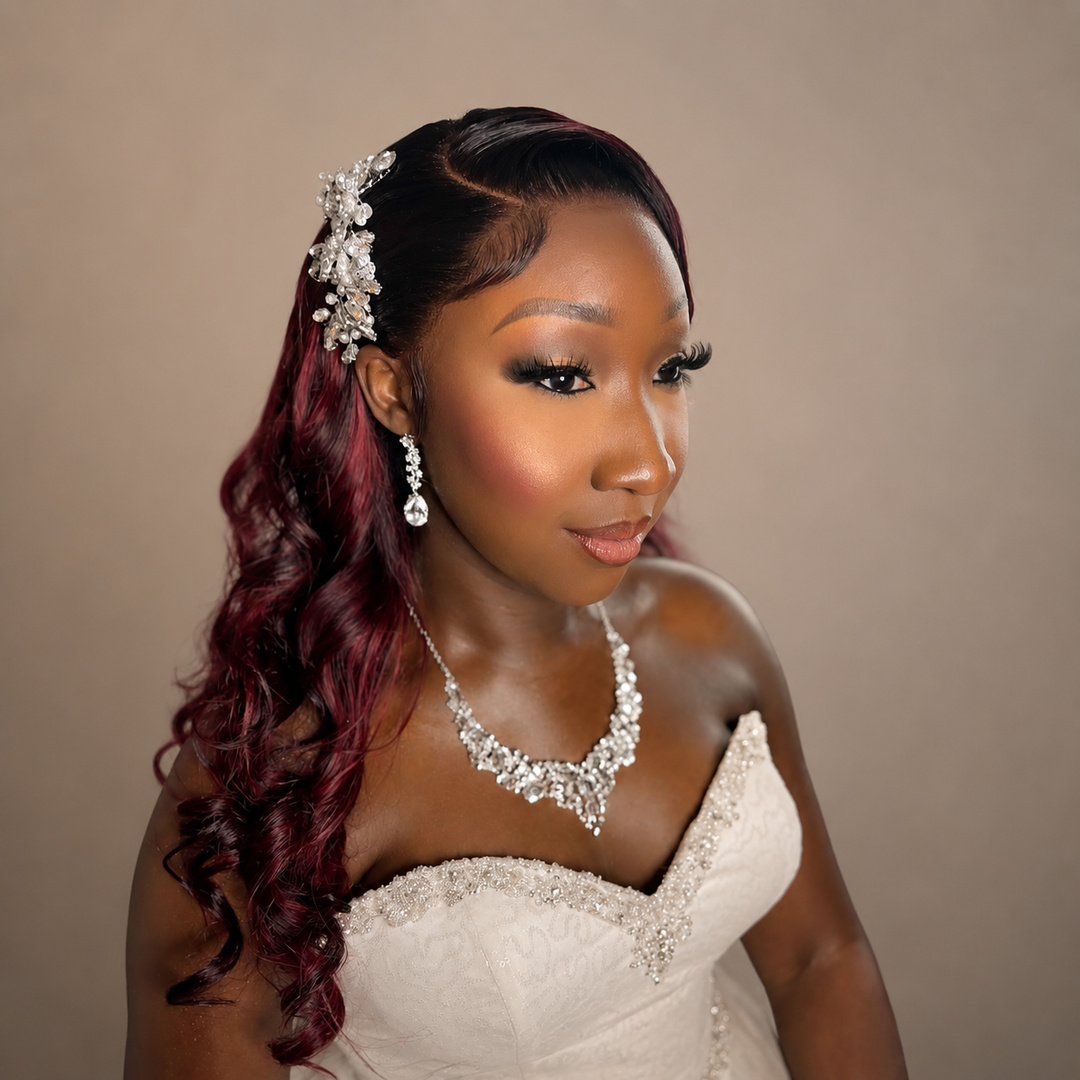 Tamed by Tan bridal client with a burgundy ponytail
